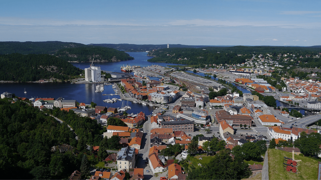 Bilde av Halden by sett fra drone